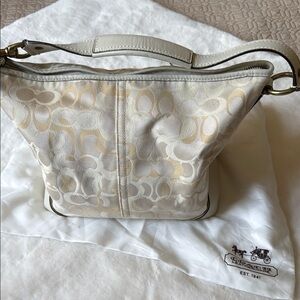Coach Cream and Gold Shoulder Bag with Signature Monogram